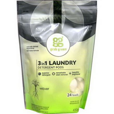 GrabGreen, 3 in 1 Laundry Detergent Pods, Vetiver, 24 Loads 432g