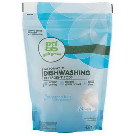 GrabGreen, Automatic Dishwashing Detergent Pods, Fragrance Free, 24 Loads 432g