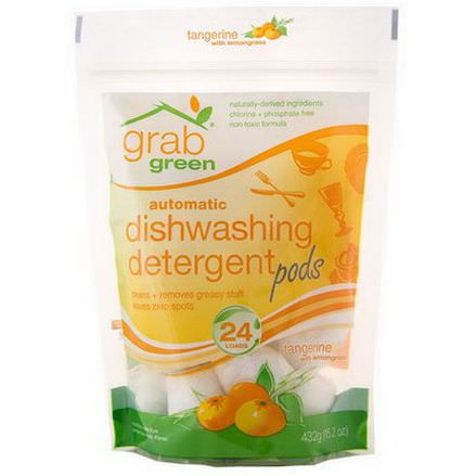 GrabGreen, Automatic Dishwashing Detergent Pods, Tangerine with Lemongrass, 24 Loads 432g