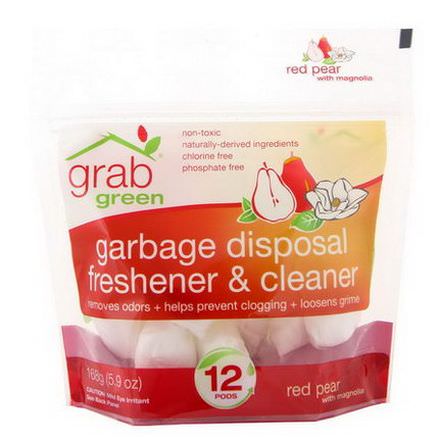 GrabGreen, Garbage Disposal Freshener&Cleaner, Red Pear with Magnolia, 12 Pods 168g