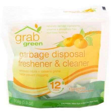 GrabGreen, Garbage Disposal Freshener&Cleaner, Tangerine with Lemongrass, 12 Pods 168g