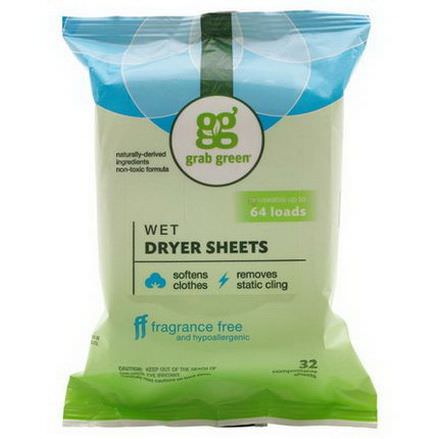 GrabGreen, Wet Dryer Sheets, Fragrance Free, 32 Compostable Sheets