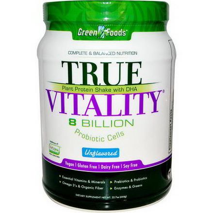 Green Foods Corporation, True Vitality, Plant Protein Shake with DHA, Unflavored 644g