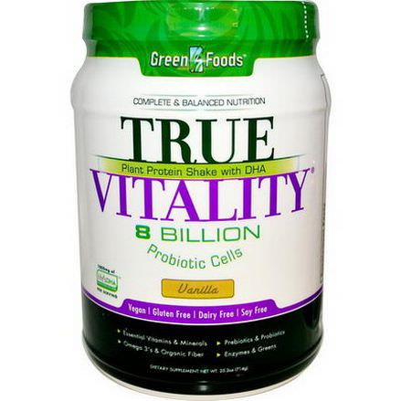 Green Foods Corporation, True Vitality, Plant Protein Shake with DHA, Vanilla 714g