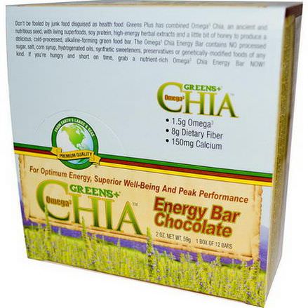 Greens Plus, Chia Omega3 Energy Bar, Chocolate, 12 Bars 59g Each