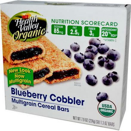 Health Valley, Organic Multigrain Cereal Bars, Blueberry Cobbler, 6 Bars, 37g Each