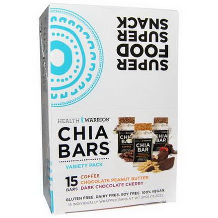 Health Warrior, Inc. Chia Bars, Variety Pack, Coffee, Chocolate Peanut Butter, Dark Chocolate Cherry, 15 Bars
