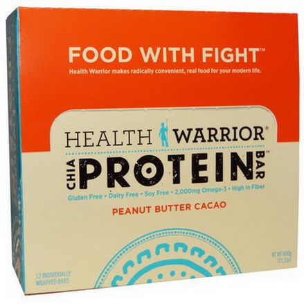 Health Warrior, Inc. Chia Protein Bar, Peanut Butter Cacao, 12 Individually Wrapped Bars