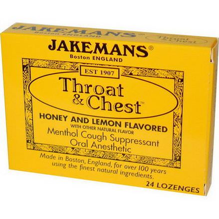 Jakemans, Throat&Chest, Honey and Lemon Flavored, 24 Lozenges