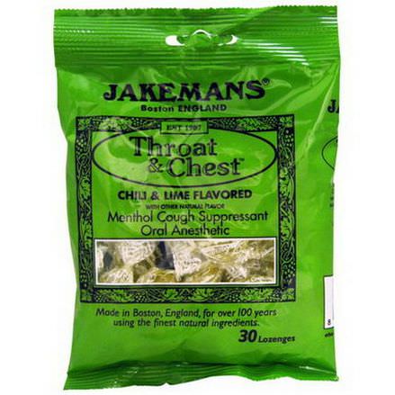Jakemans, Throat&Chest, Menthol Cough Suppressant, Chili&Lime Flavored, 30 Lozenges