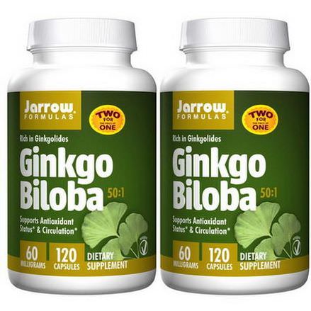 Jarrow Formulas, Ginkgo Biloba, 50:1, 60mg, 2 Bottles, 120 Veggie Caps Each