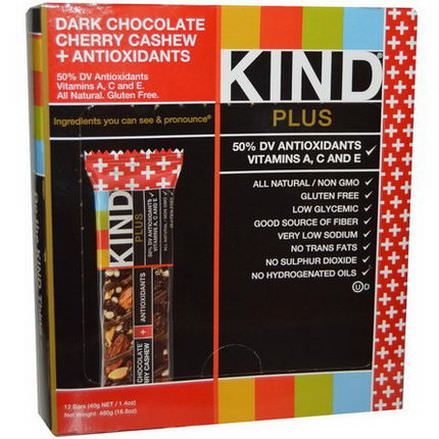 KIND Bars, Kind Plus, Dark Chocolate Cherry Cashew Antioxidants, 12 Bars 40g Each