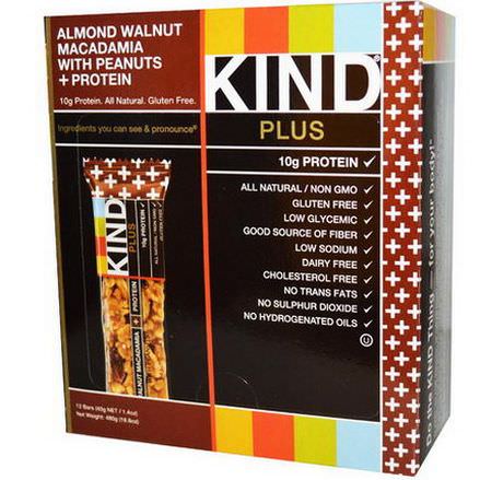 KIND Bars, Kind Plus, Fruit&Nut Bars, Almond, Walnut, Macadamia with Peanuts Protein, 12 Bars 40g Each