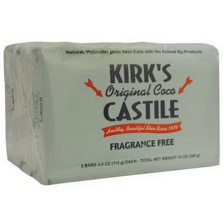 Kirk's, Original Coco Castile Bar Soap, Fragrance Free, 3 Bars 113g Each