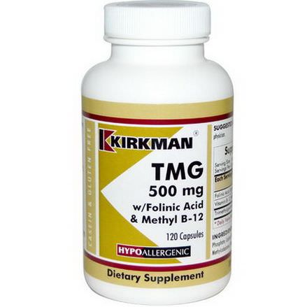 Kirkman Labs, TMG, With Folinic Acid&Methyl B-12, 500mg, 120 Capsules