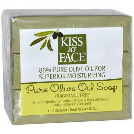 Kiss My Face, Pure Olive Oil Soap, Fragrance Free, 3 Bars, 4 oz Each