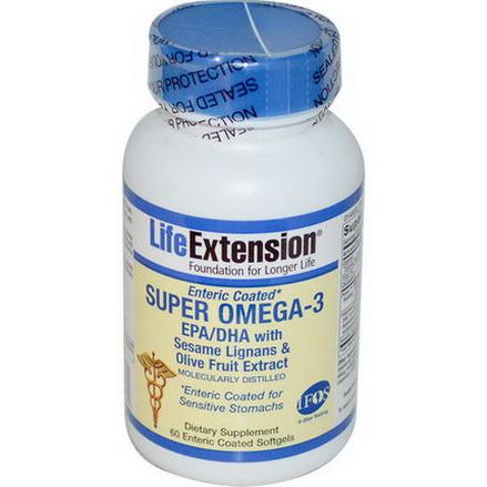 Life Extension, Super Omega-3 EPA/DHA with Sesame Lignans&Olive Fruit Extract, 60 Enteric Coated Softgels