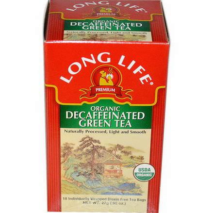 Long Life Tea, Premium Organic Decaffeinated Green Tea, 18 Tea Bags 27g