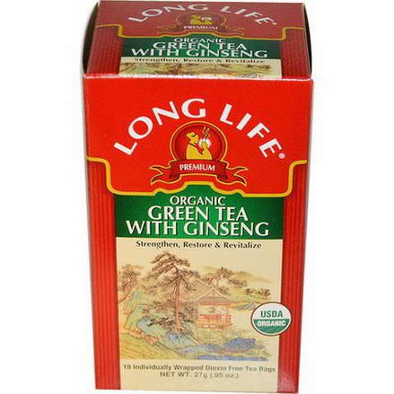 Long Life Tea, Premium Organic Green Tea with Ginseng, 18 Tea Bags 27g