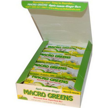 Macrolife Naturals, Macro Greens, Nutrient Rich Super Food Bar, Apple Lemon Ginger, 12 Bars 42g Each