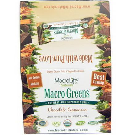 Macrolife Naturals, Organic, Macro Greens, Nutrient Rich Superfood Bar, Chocolate Cinnamon, 12 Bars 42g Each