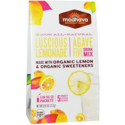 Madhava Natural Sweeteners, Agave Five Drink Mix, Luscious Lemonade, 6 Packets 27.5g