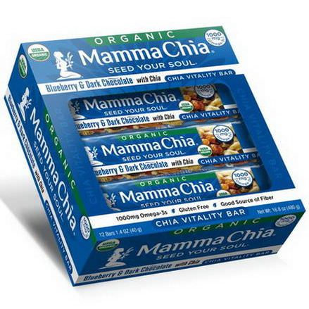 Mamma Chia, Organic Chia Vitality Bar, Blueberry&Dark Chocolate, 12 Bars 40g Each