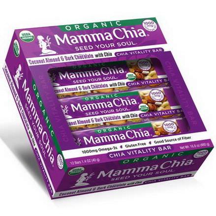 Mamma Chia, Organic Chia Vitality Bar, Coconut Almond&Dark Chocolate with Chia, 12 Bars 40g Each