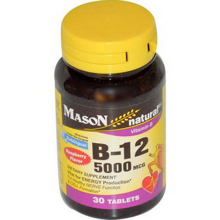 Mason Vitamins, Vitamin B-12, Raspberry Flavor, 5000mcg, 30 Sublingual Tablets