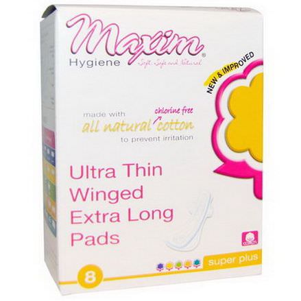 Maxim Hygiene Products, Ultra Thin Winged Extra Long Pads, Super Plus, 8 Pads