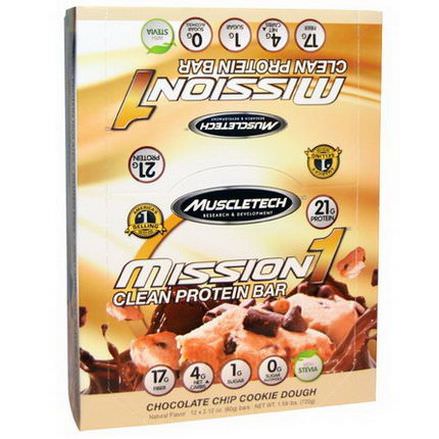 Muscletech, Mission1 Clean Protein Bar, Chocolate Chip Cookie Dough, 12 Bars 60g Each