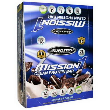 Muscletech, Mission1 Clean Protein Bar, Cookies&Cream, 12 Bars 60g Each