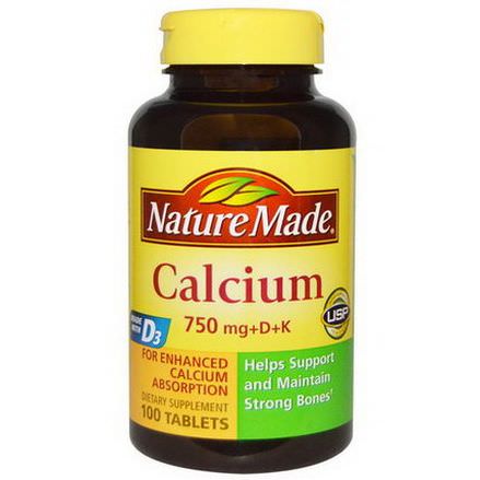 Nature Made, Calcium 750mg +D K, 100 Tablets
