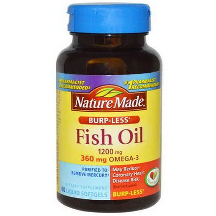 Nature Made, Fish Oil, Omega-3, Burp-Less, 1200mg, 60 Liquid Softgels