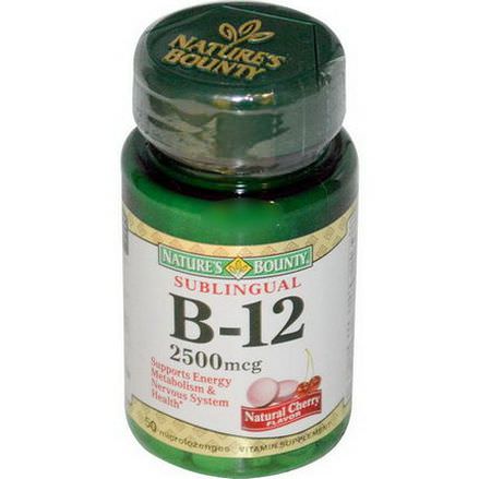 Nature's Bounty, B-12, Sublingual, Natural Cherry Flavor, 2500mcg, 50 Microlozenges
