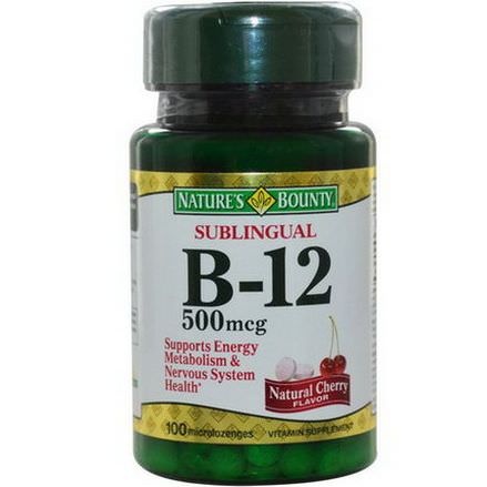 Nature's Bounty, B-12, Sublingual, Natural Cherry Flavor, 500mcg, 100 Microlozenges
