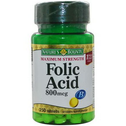 Nature's Bounty, Folic Acid, Maximum Strength, 800mcg, 250 Tablets