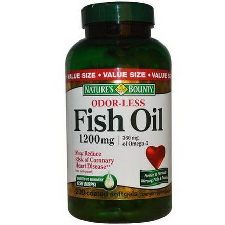 Nature's Bounty, Odor-Less Fish Oil, 1200mg, 200 Coated Softgels