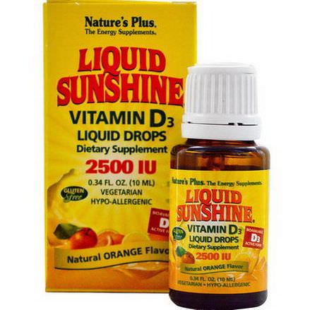 Nature's Plus, Liquid Sunshine, Vitamin D3 Liquid Drops, Natural Orange Flavor, 2500 IU 10ml