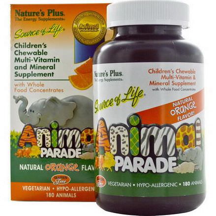 Nature's Plus, Source of Life, Animal Parade, Children's Chewable Multi-Vitamin&Mineral Supplement, Natural Orange Flavor, 180 Animals