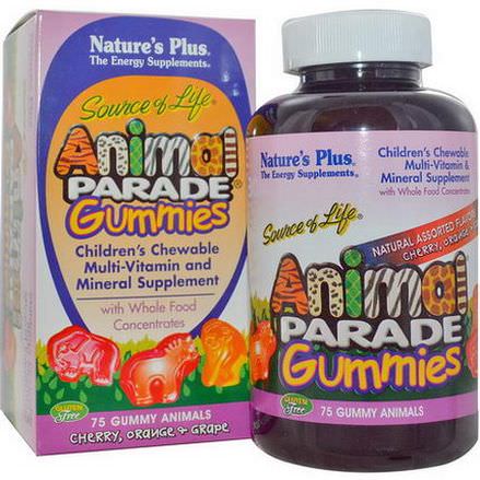 Nature's Plus, Source of Life, Animal Parade Gummies, Children's Chewable, Cherry, Orange&Grape, 75 Gummy Animals