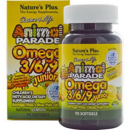 Nature's Plus, Source of Life, Animal Parade, Omega 3/6/9 Junior, Natural Lemon Flavor, 90 Softgels