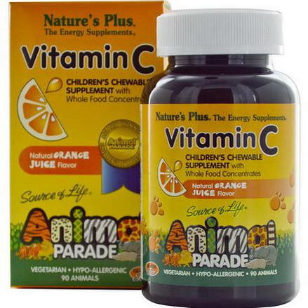 Nature's Plus, Source of Life, Animal Parade, Vitamin C, Children's Chewable Supplement, Natural Orange Juice Flavor, 90 Animals