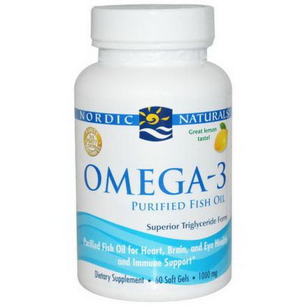 Nordic Naturals, Omega-3, Purified Fish Oil, Lemon, 1000mg, 60 Soft Gels