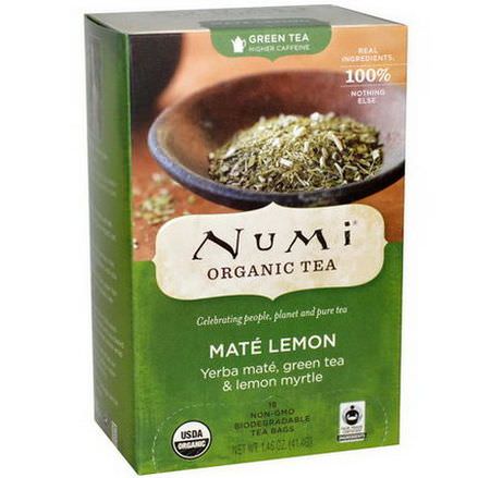 Numi Tea, Organic Green Tea, Higher Caffeine, Mate Lemon, 18 Tea Bags 41.4g