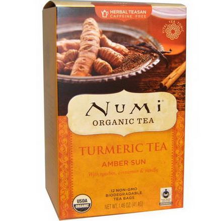 Numi Tea, Organic, Turmeric Tea, Amber Sun, Caffeine Free, 12 Tea Bags 41.4g