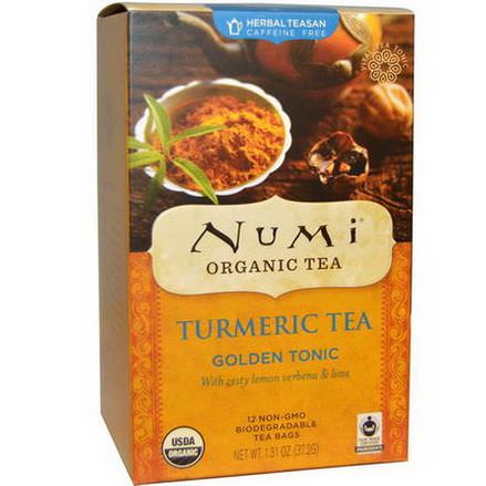 Numi Tea, Organic Turmeric Tea, Golden Tonic, Caffeine Free, 12 Tea Bags 37.2g Each