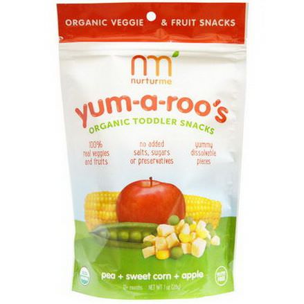 NurturMe, Organic Toddler Snacks, Yum-A-Roo's, Pea Sweet Corn Apple 28g