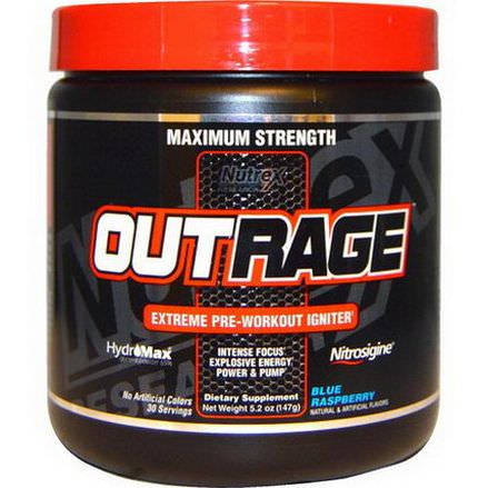 Nutrex Research Labs, Outrage, Extreme Pre-Workout Igniter, Blue Raspberry 147g