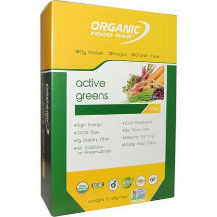 Organic Food Bar, Active Greens, Raw, 12 Bars, 68g Each